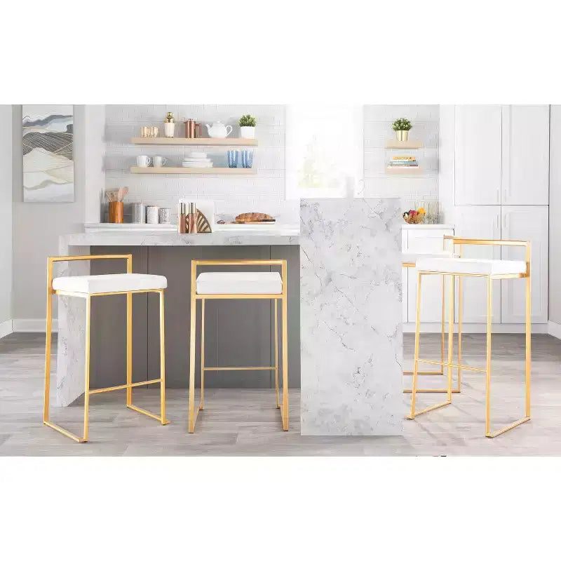 LumiSource Ensemble de 3 tabourets de bar Fuji Stacker Hauteur comptoir Velours doré/blanc