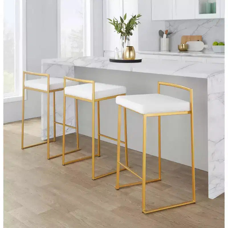LumiSource Ensemble de 3 tabourets de bar Fuji Stacker Hauteur comptoir Velours doré/blanc