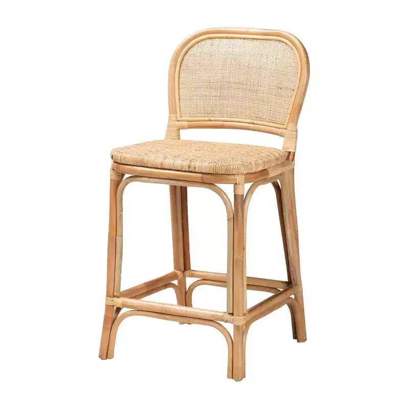 Baxton Studio Adrena Tabouret de bar à hauteur de comptoir en rotin marron naturel : Hauteur fixe, aucun assemblage, nettoyage des taches