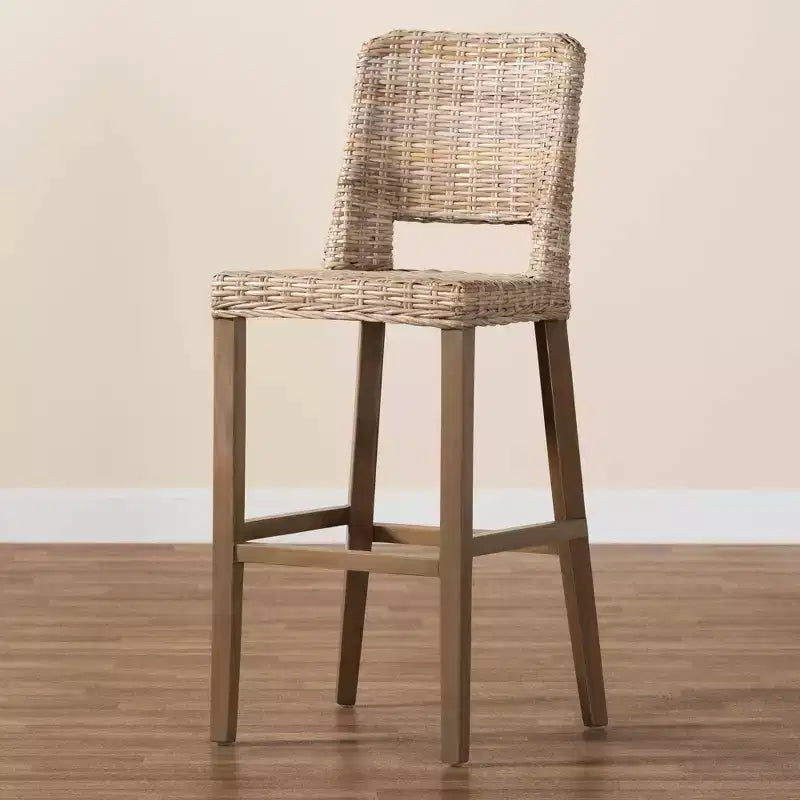 bali & pari Tabouret de bar Magy en rotin et bois d'acajou gris Kubu/taupe rustique