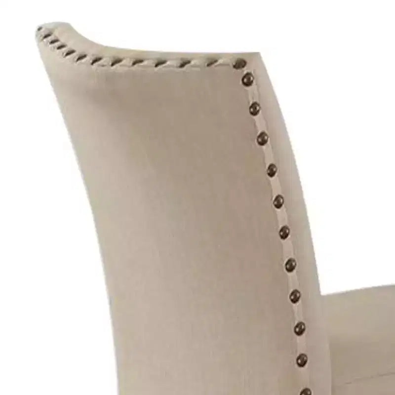 Lot de 2 tabourets de bar Nolan 63,5 cm en lin beige et finition chêne foncé vieilli - Acme Furniture : assise rembourrée, clous décoratifs, structure en métal