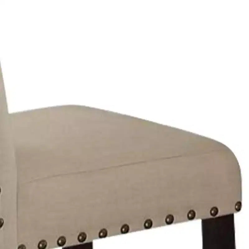 Lot de 2 tabourets de bar Nolan 63,5 cm en lin beige et finition chêne foncé vieilli - Acme Furniture : assise rembourrée, clous décoratifs, structure en métal