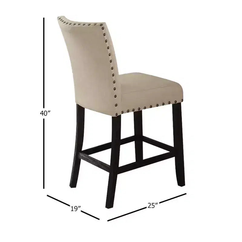 Lot de 2 tabourets de bar Nolan 63,5 cm en lin beige et finition chêne foncé vieilli - Acme Furniture : assise rembourrée, clous décoratifs, structure en métal