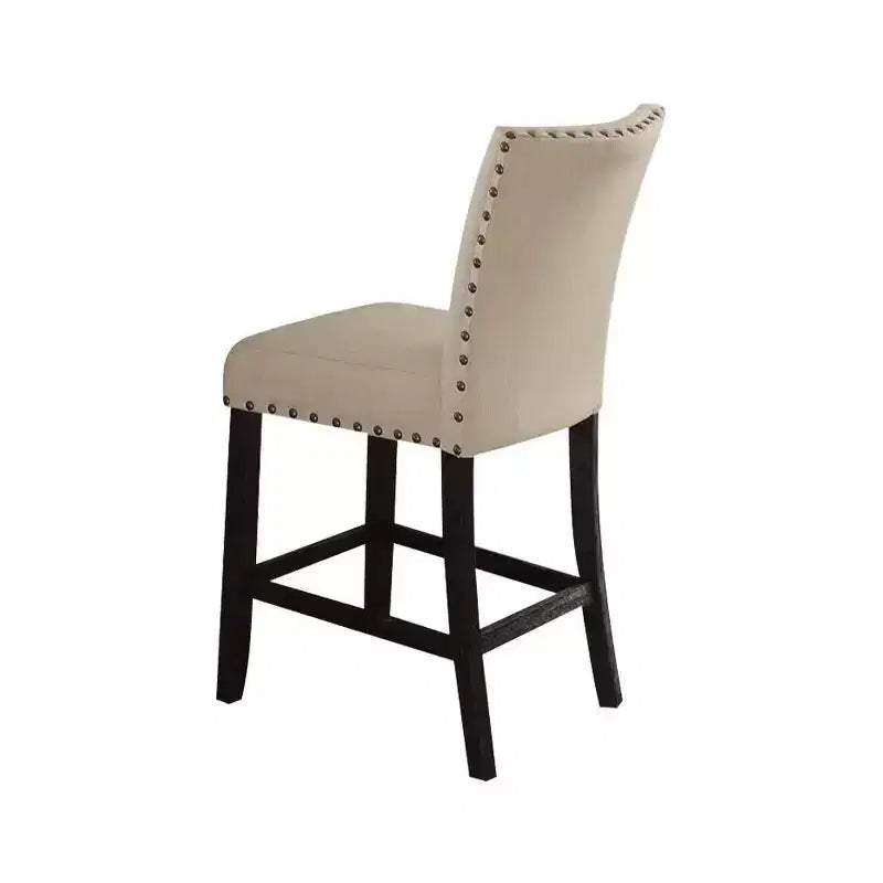 Lot de 2 tabourets de bar Nolan 63,5 cm en lin beige et finition chêne foncé vieilli - Acme Furniture : assise rembourrée, clous décoratifs, structure en métal