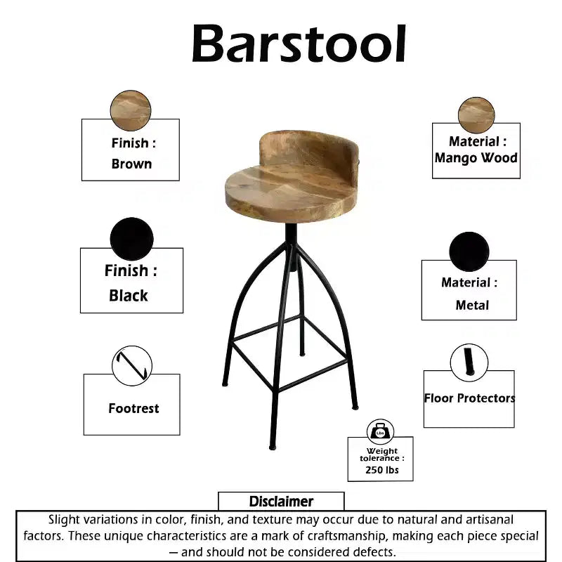 Tabouret pivotant industriel avec dossier, réglable en hauteur, style urbain 30-35", marron/noir