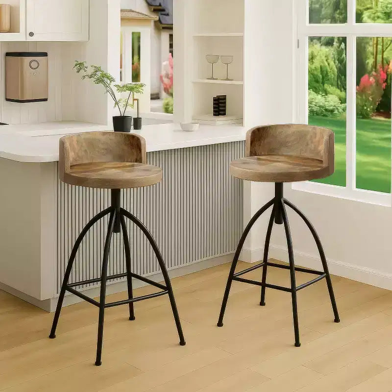 Tabouret pivotant industriel avec dossier, réglable en hauteur, style urbain 30-35", marron/noir