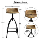 Tabouret pivotant industriel avec dossier, réglable en hauteur, style urbain 30-35", marron/noir