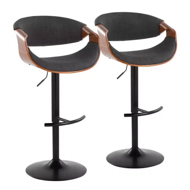 LumiSource Set of 2 Curvo Adjustable Barstools Walnut Wood/Charcoal Fabric/Black Metal