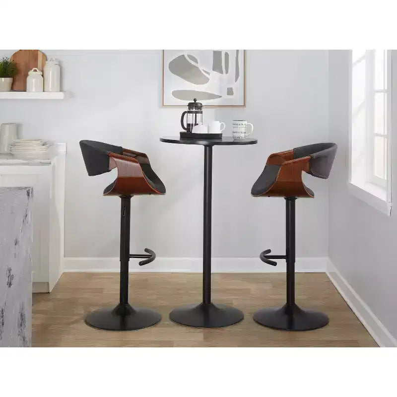 LumiSource Lot de 2 tabourets de bar réglables Curvo en bois de noyer/tissu anthracite/métal noir