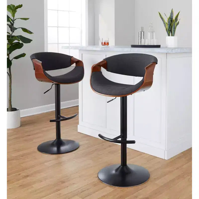 LumiSource Lot de 2 tabourets de bar réglables Curvo en bois de noyer/tissu anthracite/métal noir