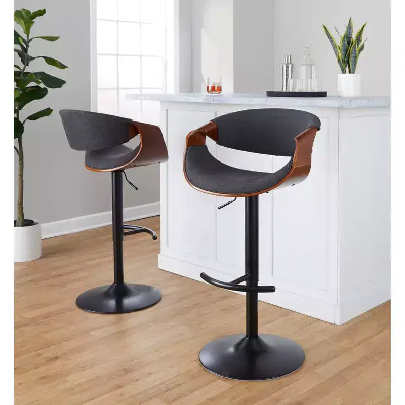 LumiSource Lot de 2 tabourets de bar réglables Curvo en bois de noyer/tissu anthracite/métal noir