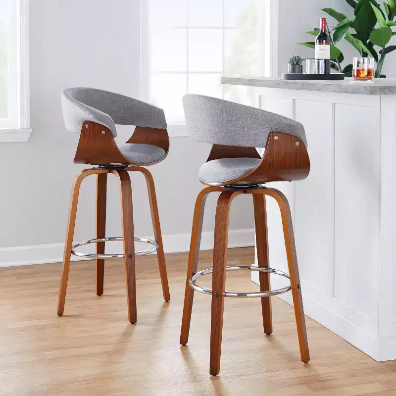 Lot de 2 tabourets de bar vintage modernes Noyer/Chrome/Gris clair - LumiSource