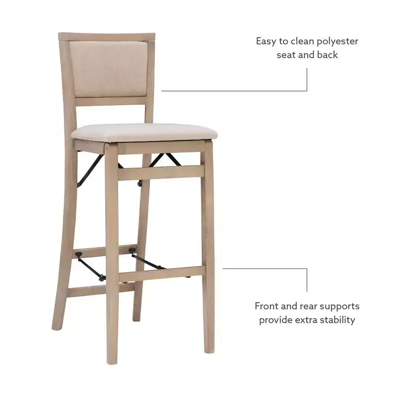 Tabouret de bar pliant Keira avec dossier rembourré en bois massif et siège rembourré, finition gris délavé - Linon