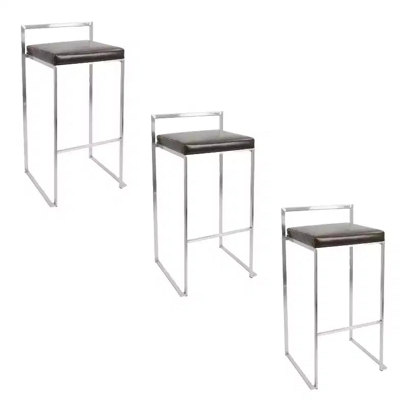 LumiSource Set of 3 Fuji Stacker Barstools Stainless Steel/Brown PU