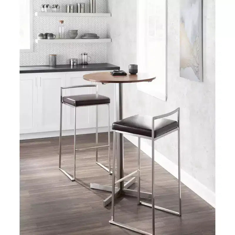 LumiSource - Lot de 3 tabourets de bar empilables Fuji en acier inoxydable et polyuréthane marron
