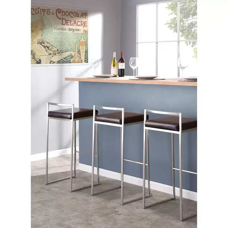LumiSource - Lot de 3 tabourets de bar empilables Fuji en acier inoxydable et polyuréthane marron