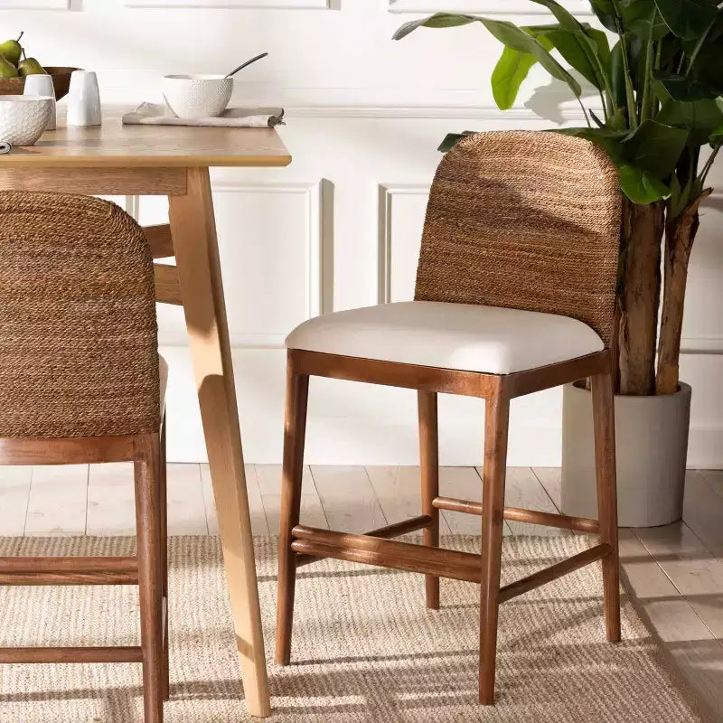 bali & pari Nadim Ensemble de tabourets de bar hauteur comptoir en jonc de mer naturel et bois d'acacia Blanc/Naturel : Revêtement en polyester, nettoyage des taches