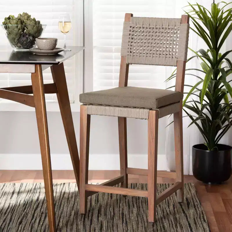 Heyna Tabouret de bar en corde tissée, hauteur comptoir, acajou, gris/naturel - bali & pari : Fabriqué en Indonésie, aucun assemblage requis