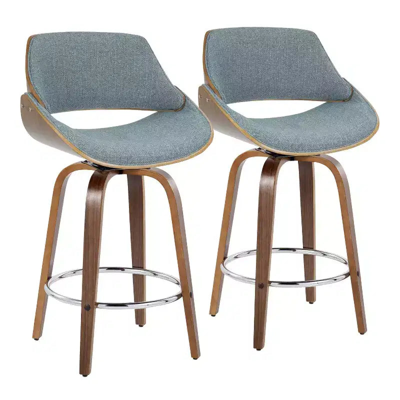 LumiSource Set of 2 Fabrizzi Counter Height Barstools Walnut/Blue : Upholstered Swivel, Kitchen-Compatible