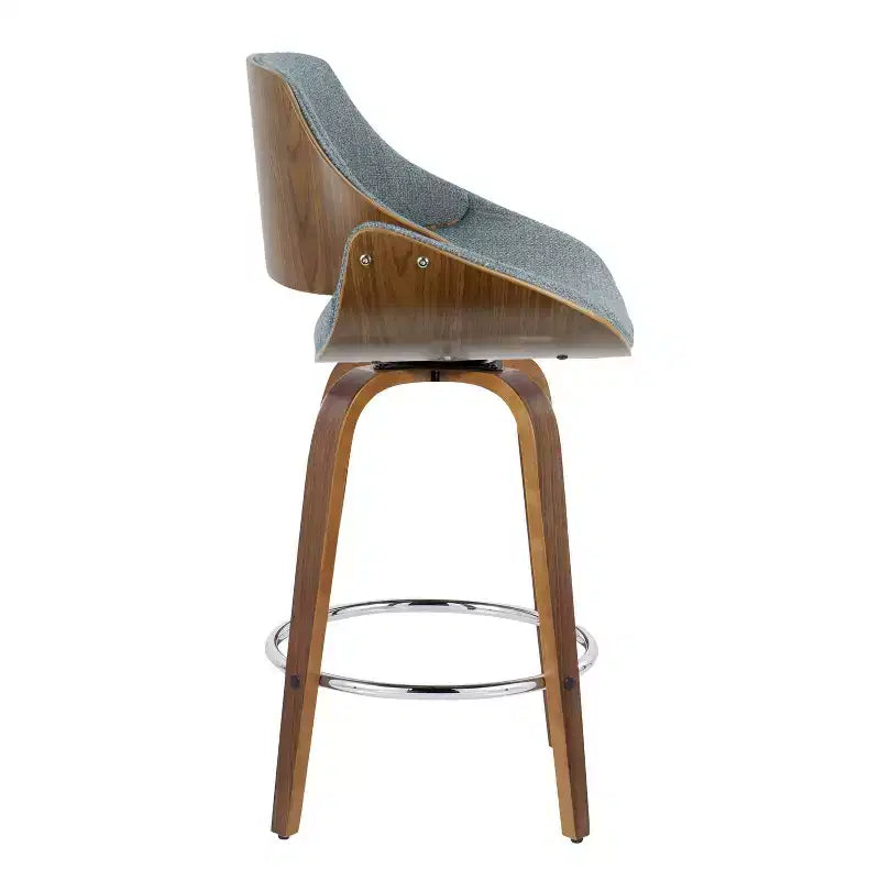 LumiSource Ensemble de 2 tabourets de bar hauteur comptoir Fabrizzi Noyer/Bleu : pivotants rembourrés, compatibles avec la cuisine