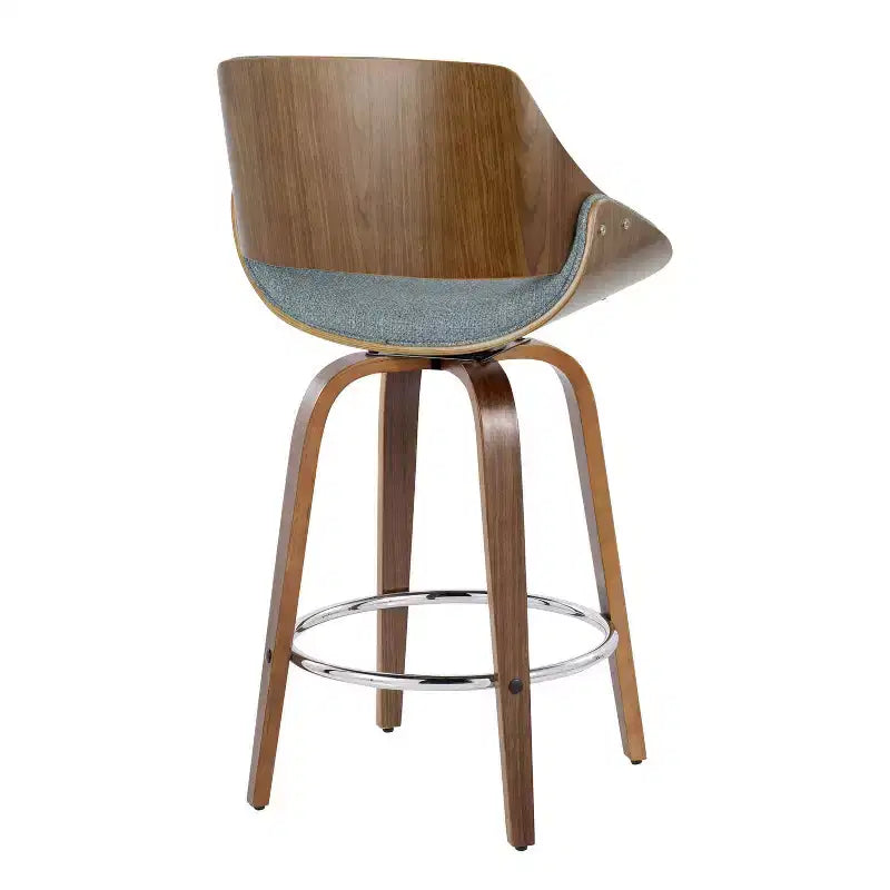 LumiSource Ensemble de 2 tabourets de bar hauteur comptoir Fabrizzi Noyer/Bleu : pivotants rembourrés, compatibles avec la cuisine