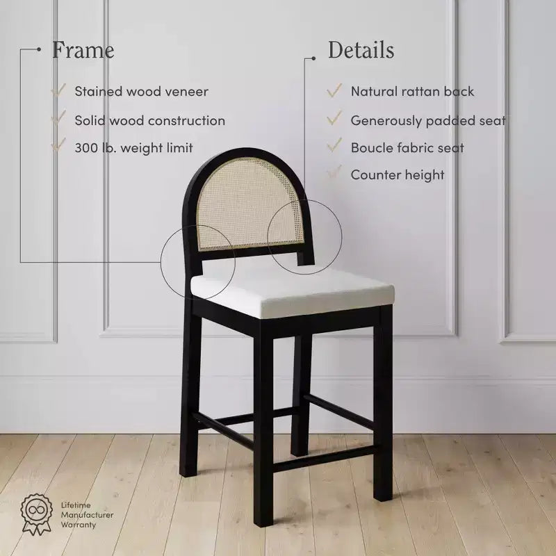 Nathan James Bailey Tabouret de bar à hauteur de comptoir avec dossier incurvé, bois noir, chêne, rotin, bouclette crème : Siège élégant de 61 cm, cadre en caoutchouc