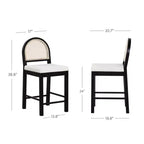 Nathan James Bailey Tabouret de bar à hauteur de comptoir avec dossier incurvé, bois noir, chêne, rotin, bouclette crème : Siège élégant de 61 cm, cadre en caoutchouc