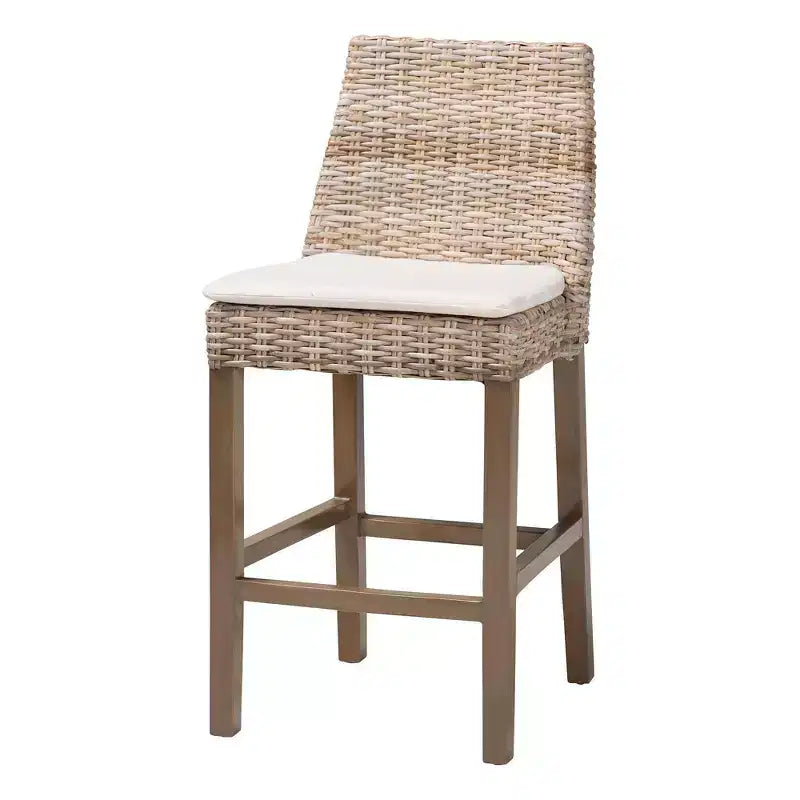 bali & pari Tabouret de bar Toby en rotin et bois d'acajou, hauteur comptoir, gris Kubu/taupe rustique