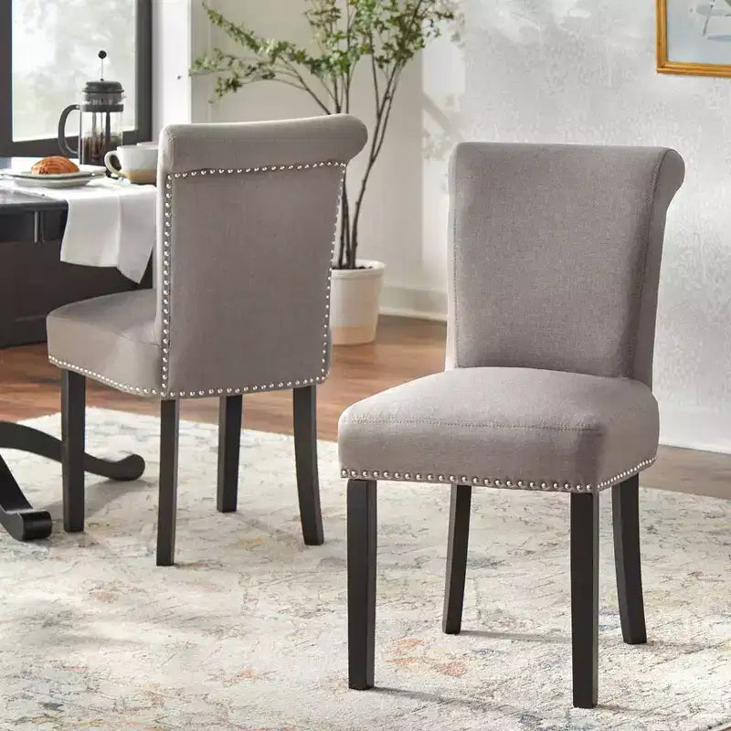 Buylateral Set of 2 Adeline Nailhead Upholstered Parsons Dining Chair Gray: Rubberwood Legs, 250lb Capacity