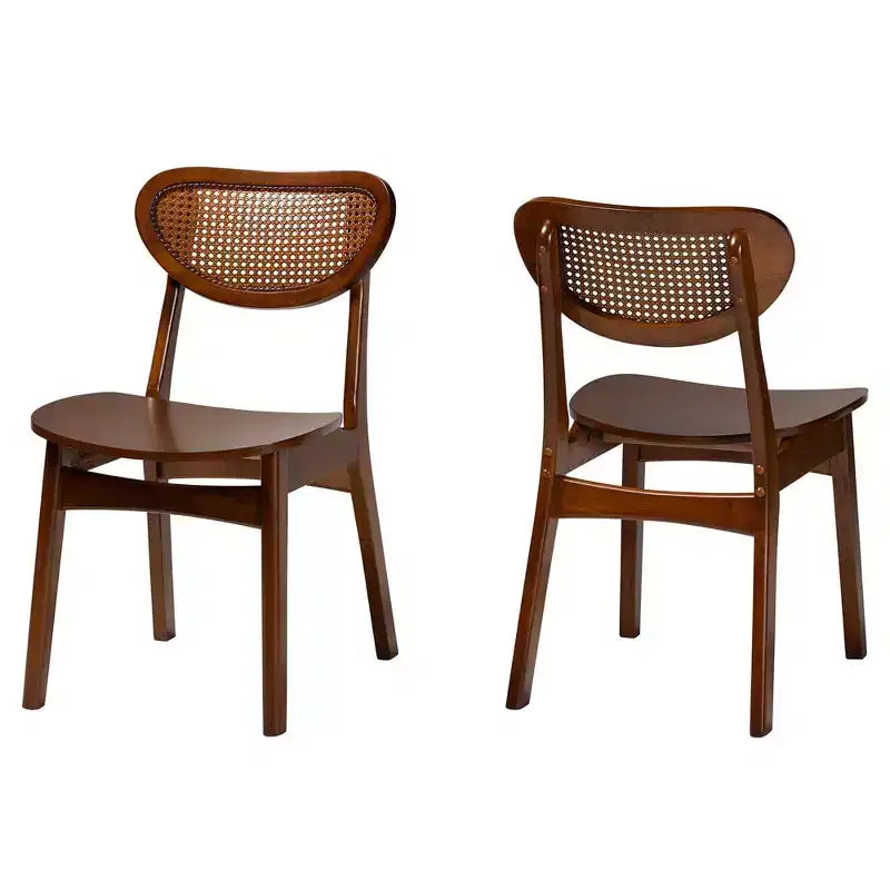 Baxton Studio Ensemble de 2 Chaises de Salle à Manger Hesper en Bois et Rotin Noyer Brun/Brun Clair : Mid-Century, Dossier en Croissant, Pieds Inclinés