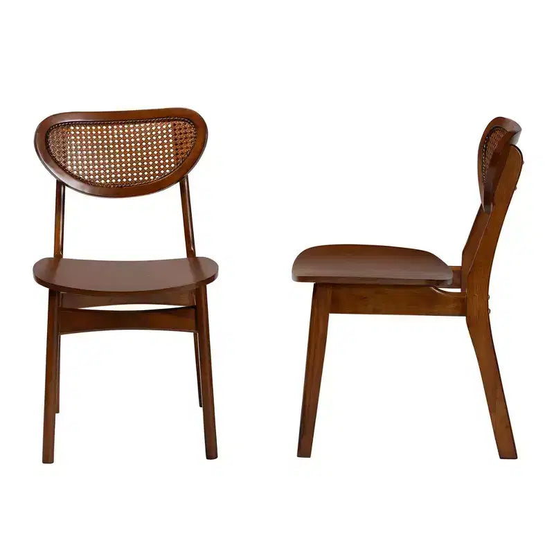 Baxton Studio Ensemble de 2 Chaises de Salle à Manger Hesper en Bois et Rotin Noyer Brun/Brun Clair : Mid-Century, Dossier en Croissant, Pieds Inclinés