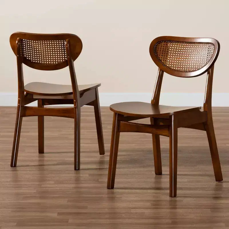 Baxton Studio Ensemble de 2 Chaises de Salle à Manger Hesper en Bois et Rotin Noyer Brun/Brun Clair : Mid-Century, Dossier en Croissant, Pieds Inclinés