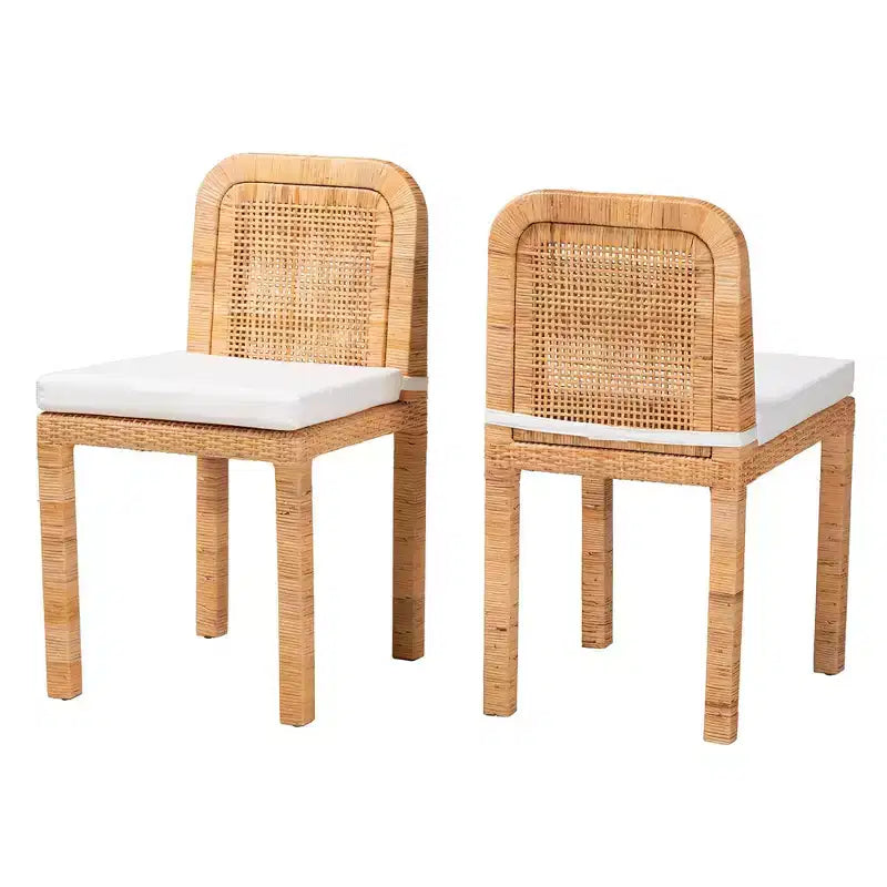 Lot de 2 chaises de salle à manger Zariah en rotin et bois d'acajou blanc/brun naturel – Baxton Studio : fabriquées à la main, rembourrées, aucun assemblage requis