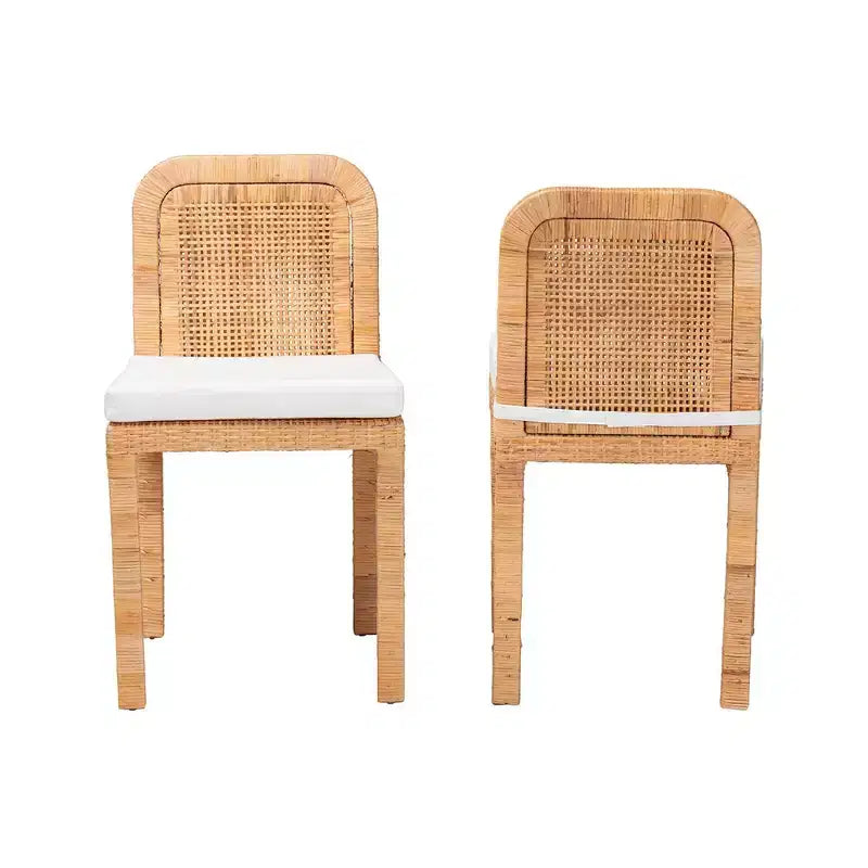 Lot de 2 chaises de salle à manger Zariah en rotin et bois d'acajou blanc/brun naturel – Baxton Studio : fabriquées à la main, rembourrées, aucun assemblage requis