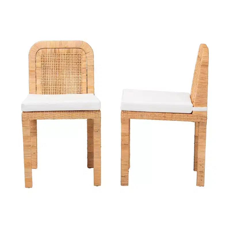 Lot de 2 chaises de salle à manger Zariah en rotin et bois d'acajou blanc/brun naturel – Baxton Studio : fabriquées à la main, rembourrées, aucun assemblage requis
