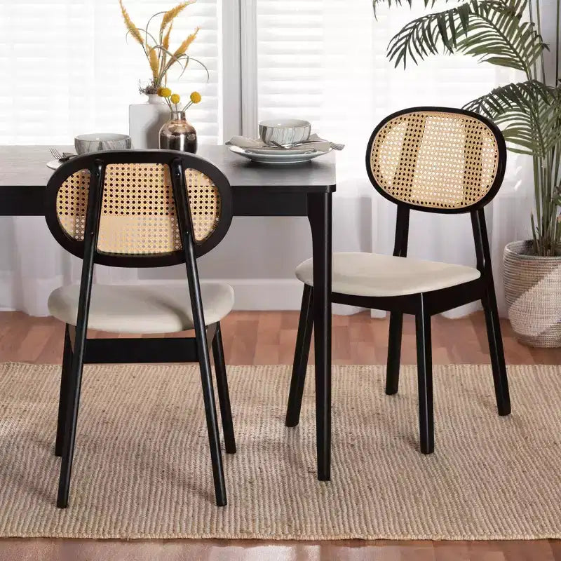 Baxton Studio 2 chaises de salle à manger Darrion en tissu et bois crème/noir/marron clair : Revêtement en polyester, cadre en bois d'hévéa