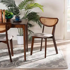 Baxton Studio Lot de 2 chaises de salle à manger Dannell en tissu et bois Gris/Noyer/Marron clair : Milieu de siècle, Détails en rotin, Coussin en mousse