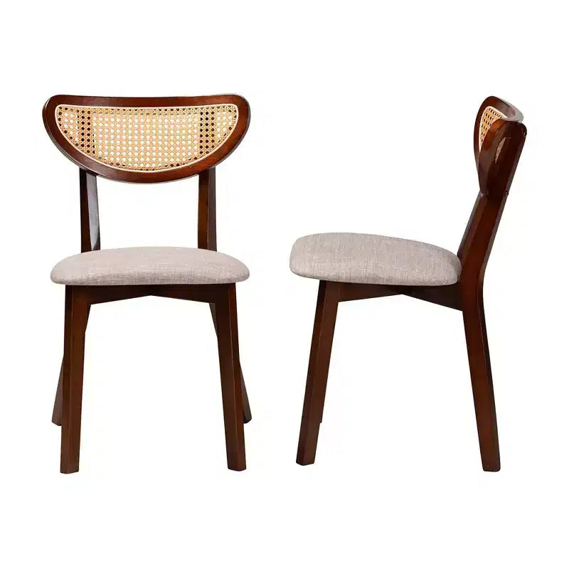 Baxton Studio Lot de 2 chaises de salle à manger Dannell en tissu et bois Gris/Noyer/Marron clair : Milieu de siècle, Détails en rotin, Coussin en mousse