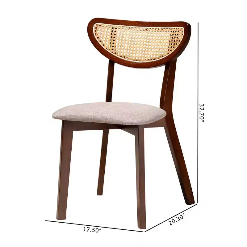 Baxton Studio Lot de 2 chaises de salle à manger Dannell en tissu et bois Gris/Noyer/Marron clair : Milieu de siècle, Détails en rotin, Coussin en mousse