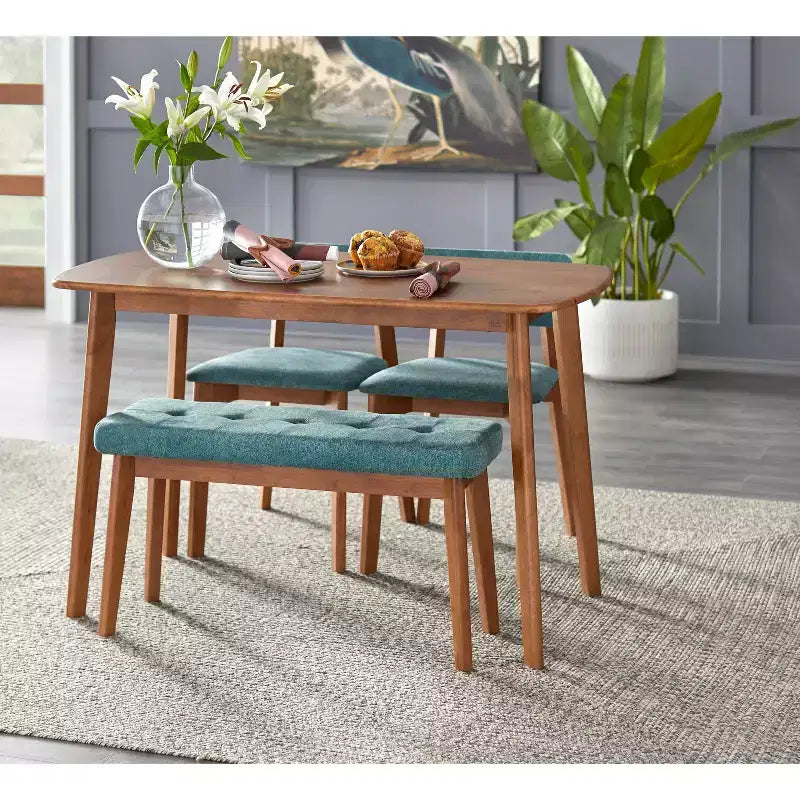 Ensemble de salle à manger moderne 4 pièces Buylateral Nettie du milieu du siècle avec banc Noyer/Bleu sarcelle