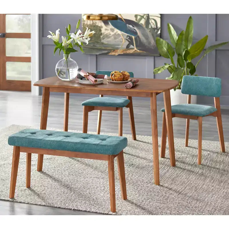 Ensemble de salle à manger moderne 4 pièces Buylateral Nettie du milieu du siècle avec banc Noyer/Bleu sarcelle