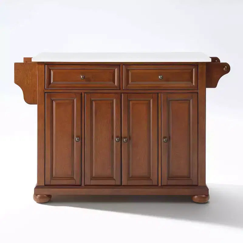 Alexandria Stone Top Full Size Kitchen Island/Cart Cherry/White - Crosley: Wood Frame, Granite Surface, 4 Doors, 5 Drawers