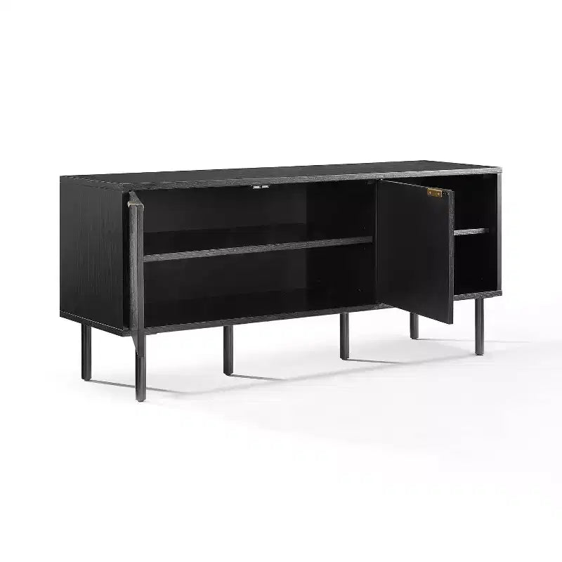 Bahut de rangement pour disques Brody de 54 po de Crosley, noir : grain de bois de chêne, poignées en laiton, gestion des câbles