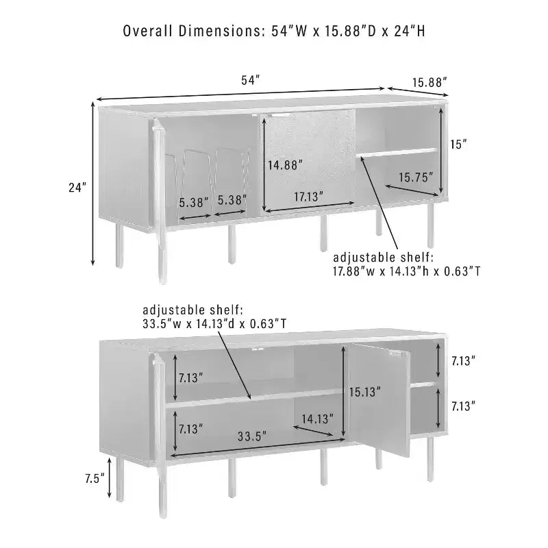 Bahut de rangement pour disques Brody de 54 po de Crosley, noir : grain de bois de chêne, poignées en laiton, gestion des câbles
