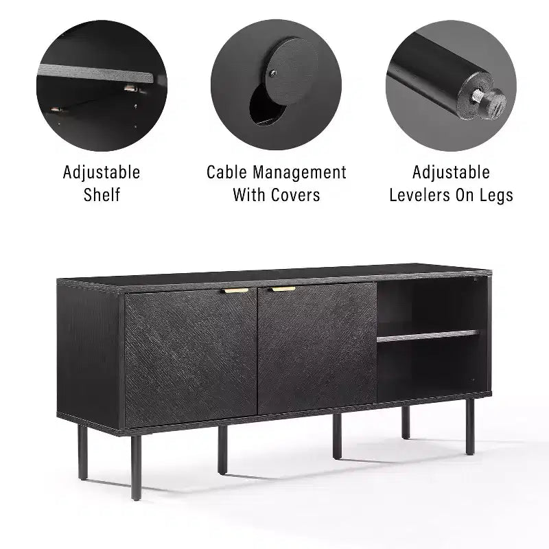 Bahut de rangement pour disques Brody de 54 po de Crosley, noir : grain de bois de chêne, poignées en laiton, gestion des câbles