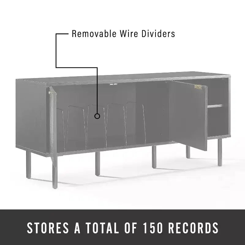 Bahut de rangement pour disques Brody de 54 po de Crosley, noir : grain de bois de chêne, poignées en laiton, gestion des câbles