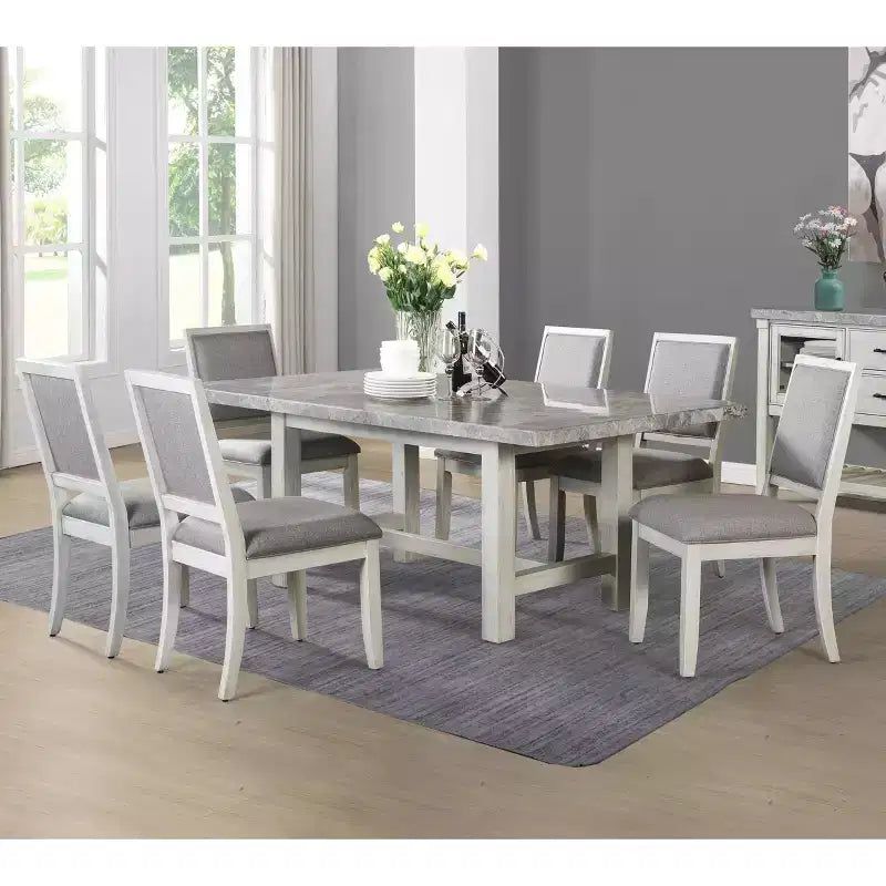 Ensemble de salle à manger 7 pièces Canova Blanc vieilli - Steve Silver Co. : Chaises en velours gris, Table rectangulaire