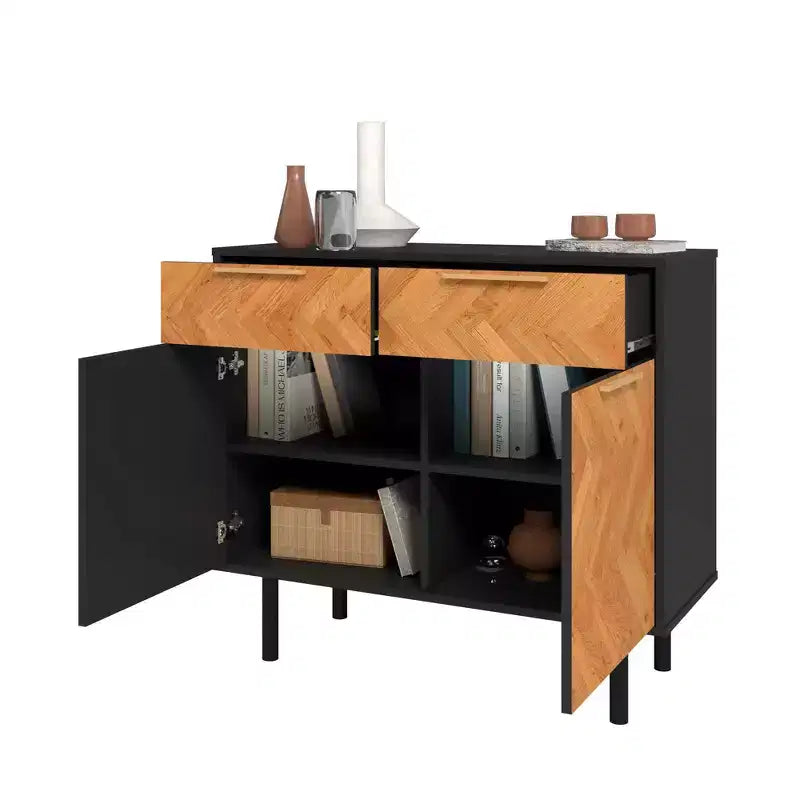 Buffet à 4 étagères Liam Manhattan Comfort, style moderne du milieu du siècle, noir/naturel