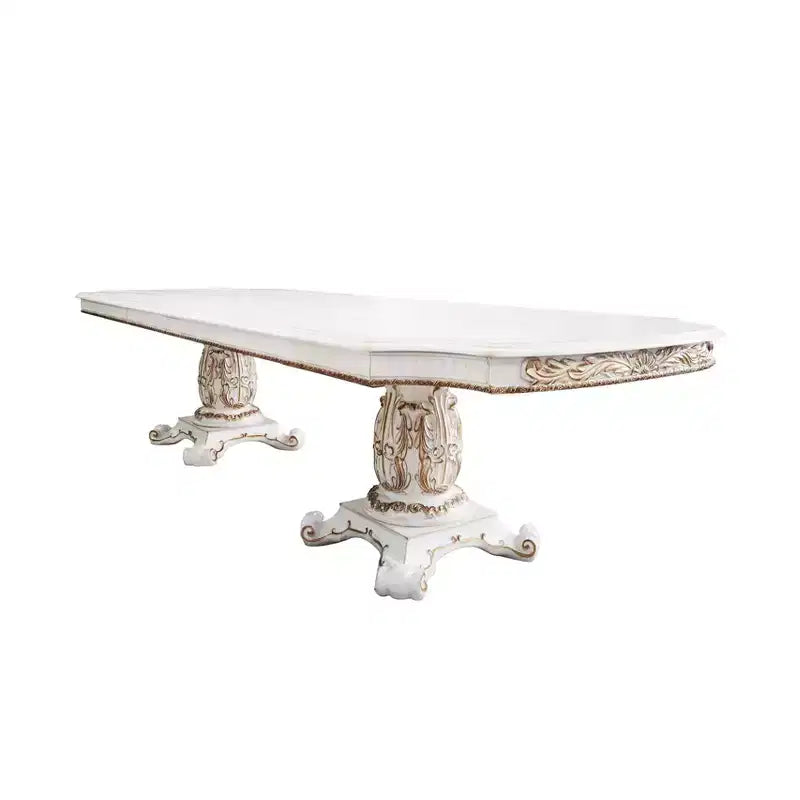 Table à manger Vendome 136 po, fini perle antique - Acme Furniture : Double piédestal classique, 10 places, cadre en résine
