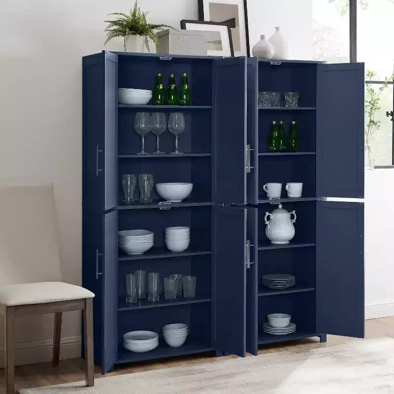 Crosley 67" Savannah – Ensemble de 2 meubles de rangement de cuisine, bleu marine : Style traditionnel, placage en bois, cadre en MDF, 6 étagères